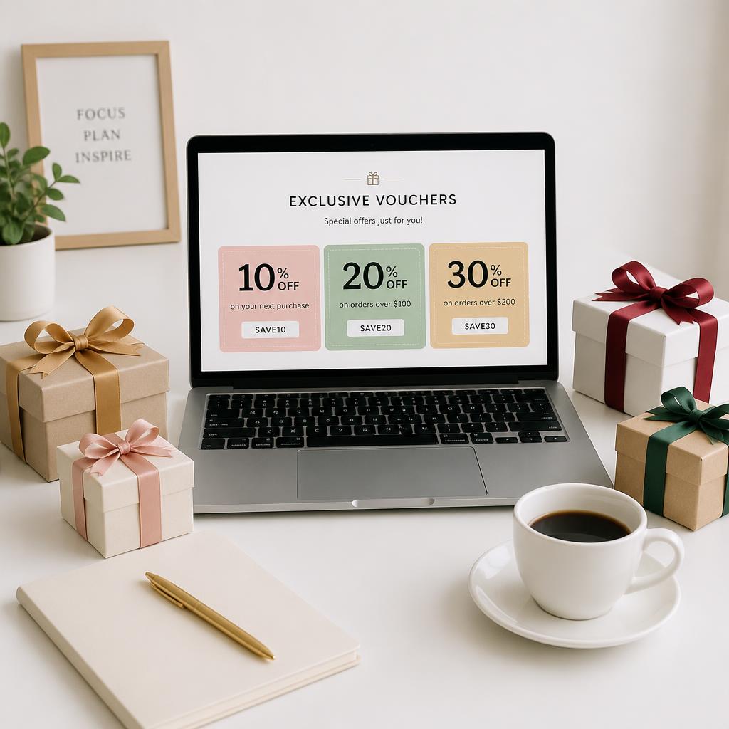 Minimalist workspace setup with a laptop displaying discount vouchers and a coffee cup, surrounded by small gift boxes with ribbon decorations on a clean white desk